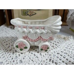 Planter Baby Carriage It’s A Girl Gift Stroller Ceramic Vintage Roses Crazing